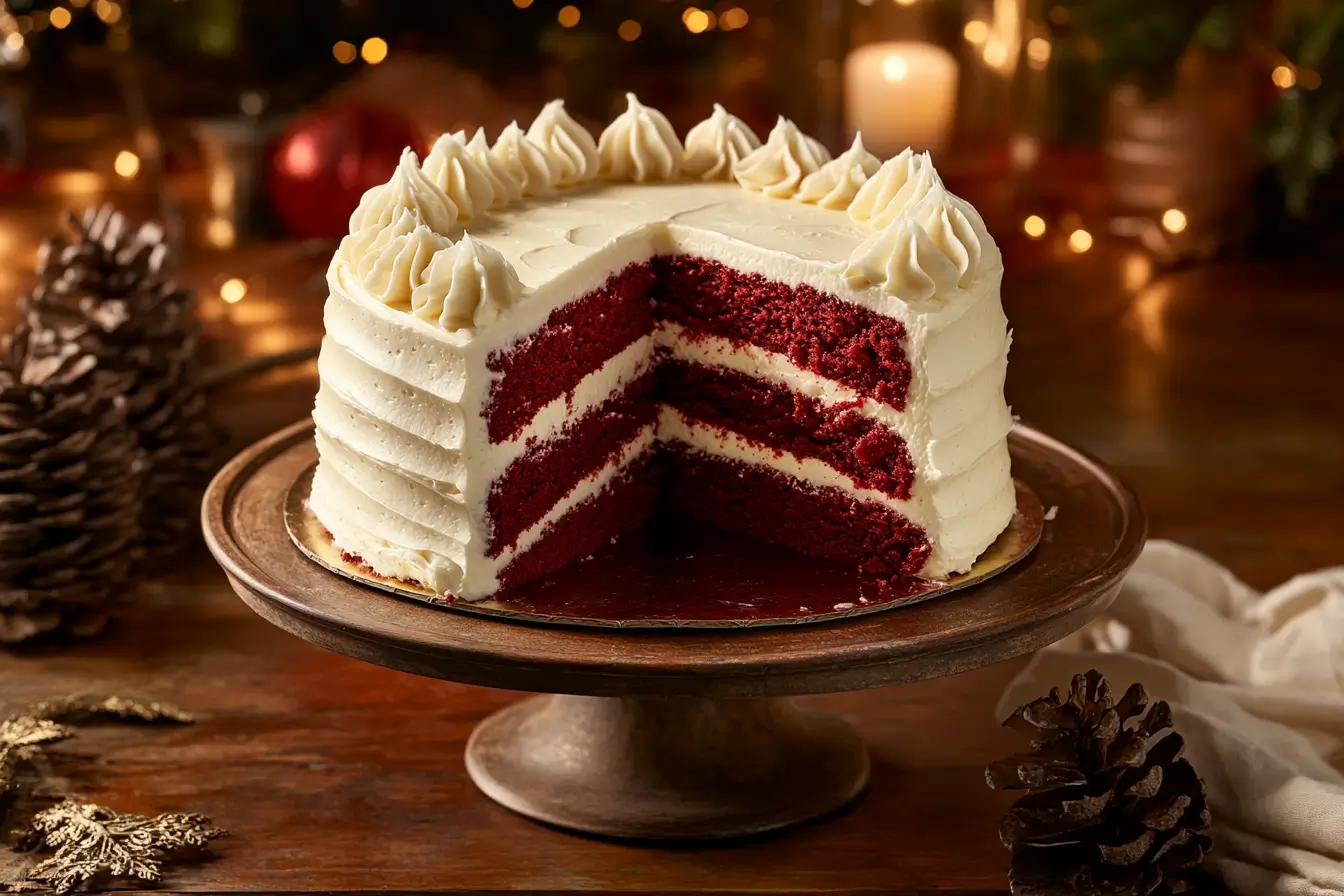 A beautifully layered red velvet cake with deep red color, topped with smooth cream cheese frosting, elegantly sliced on a vintage wooden table.