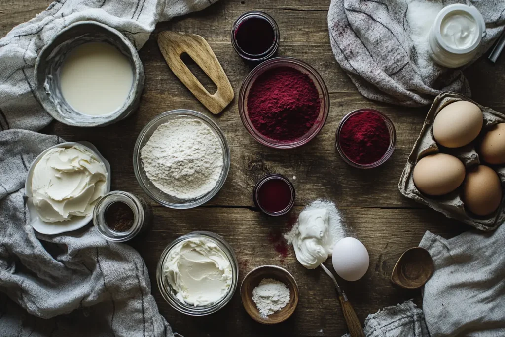  beautifully arranged flat lay of Red Velvet Cake ingredients on a rustic wooden surface, including flour, cocoa powder, red food coloring, eggs, buttermilk, and more.