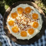 Overhead view of whole Pig Pickin' Cake with white frosting topped with mandarin orange slices and toasted coconut on cake stand