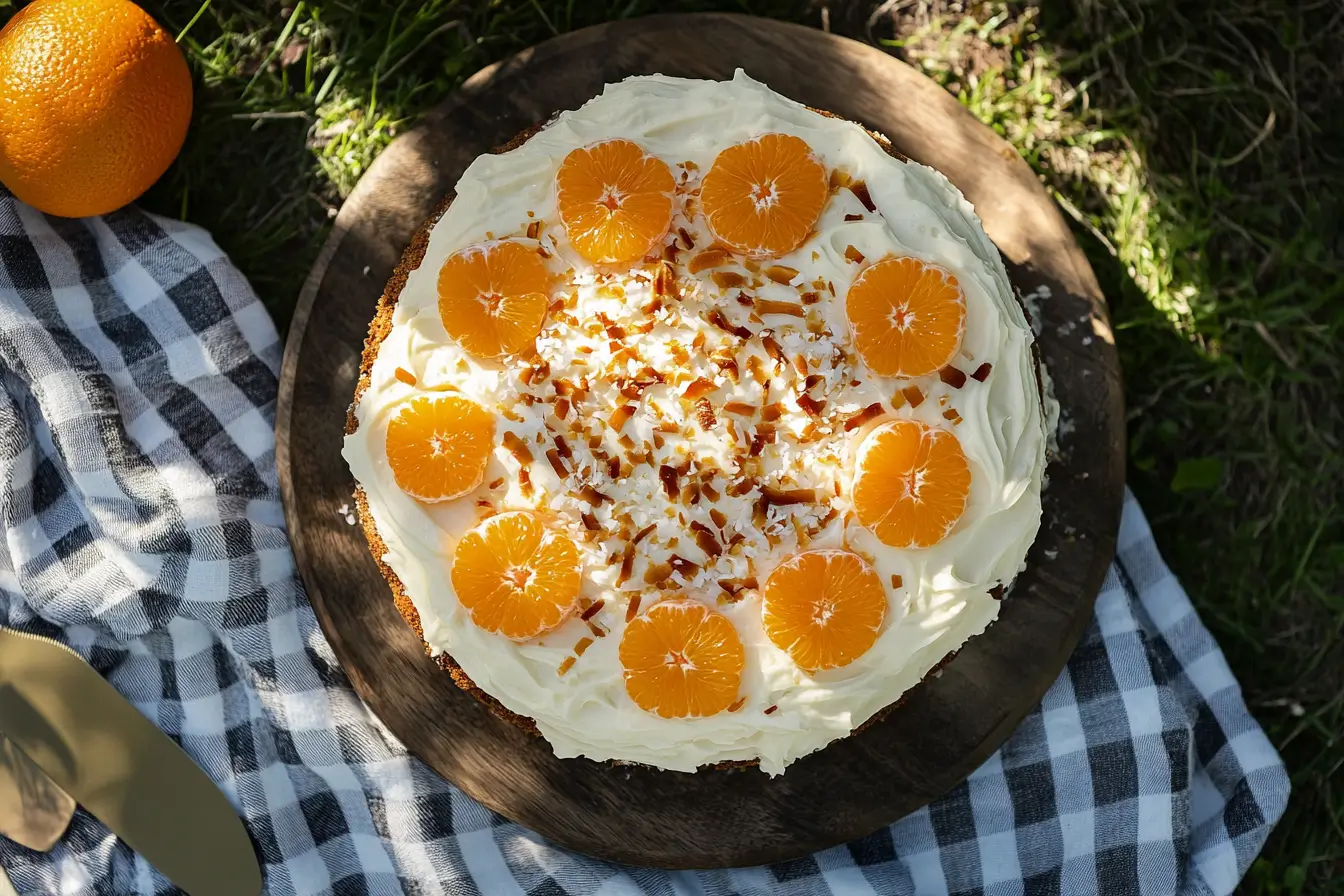 Overhead view of whole Pig Pickin' Cake with white frosting topped with mandarin orange slices and toasted coconut on cake stand