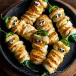 Jalapeño Popper Mummies wrapped in golden dough with candy eyes on a Halloween platter.