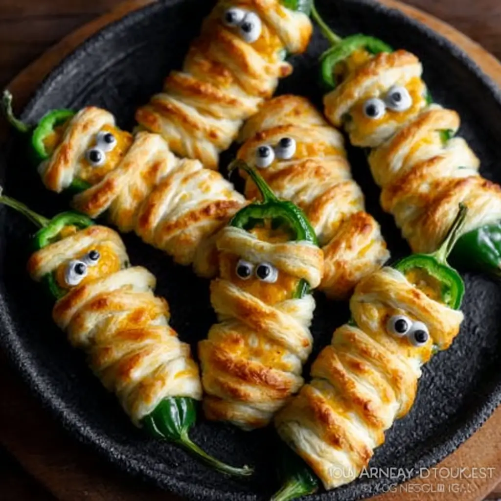 Jalapeño Popper Mummies wrapped in golden dough with candy eyes on a Halloween platter.