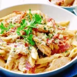 Creamy chicken carbonara pasta with bacon and Parmesan cheese