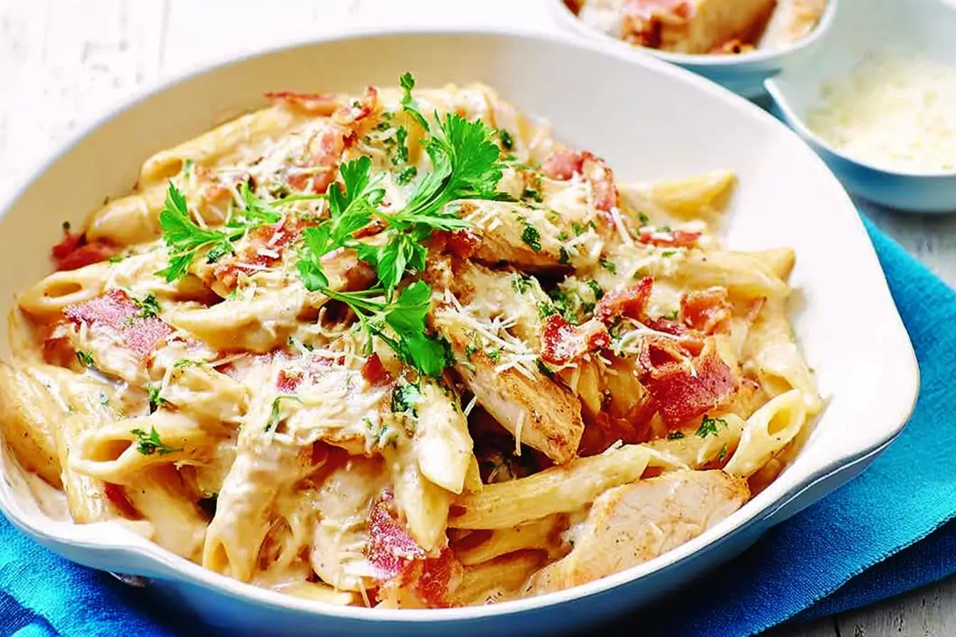 Creamy chicken carbonara pasta with bacon and Parmesan cheese