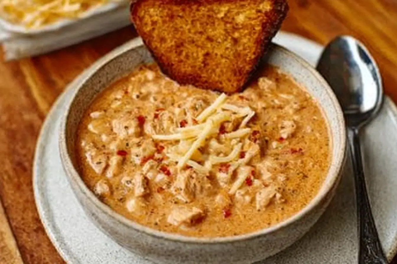 Bowl of creamy white chicken chili with corn, beans, and shredded chicken