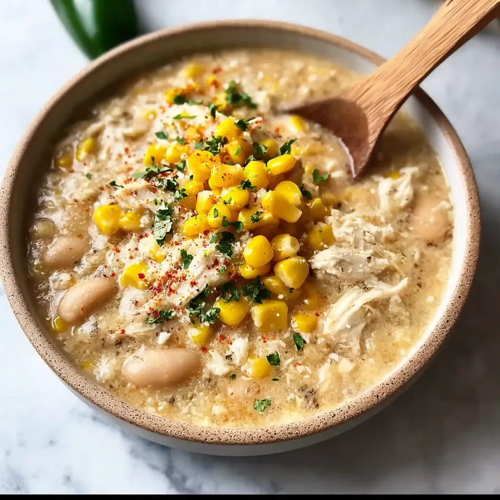 Bowl of creamy White Chicken Chili topped with shredded cheese, cilantro, and lime wedges.
