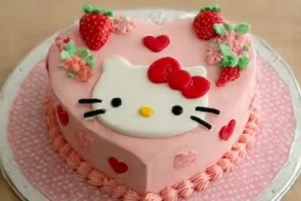 A cute Hello Kitty cake decorated with pink frosting, white icing, and a fondant Hello Kitty face on top.