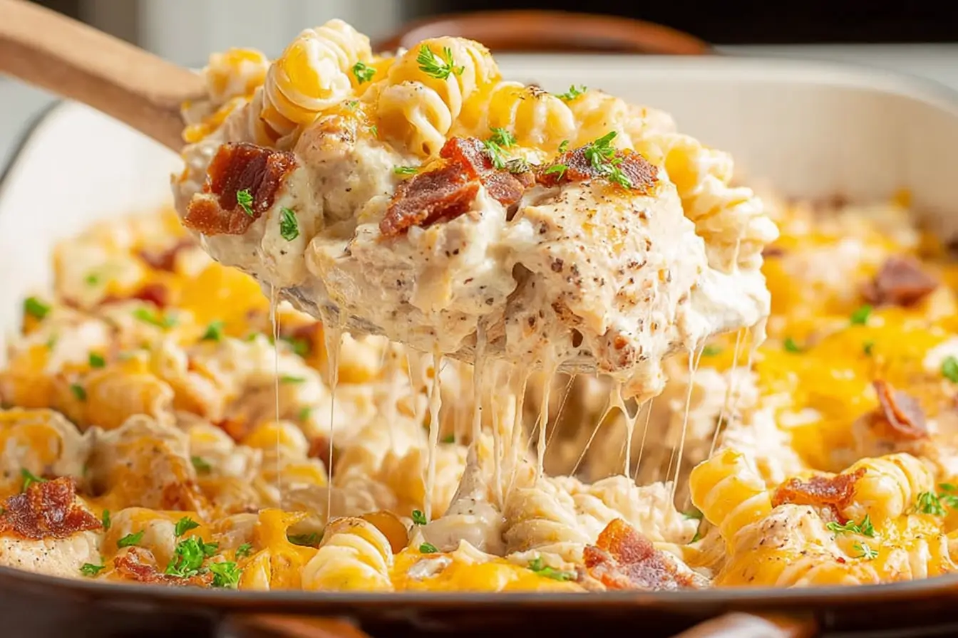 Baked chicken casserole with cheese and vegetables in a dish