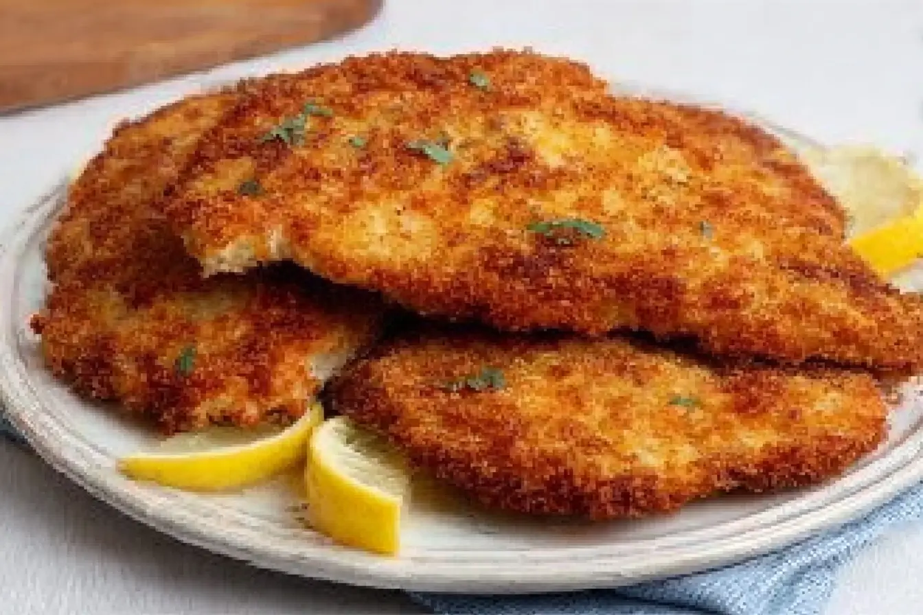 Golden crispy chicken cutlets served with lemon wedges and dipping sauce