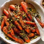 Golden Coriander-Roasted Carrots on a baking sheet topped with fresh herbs.