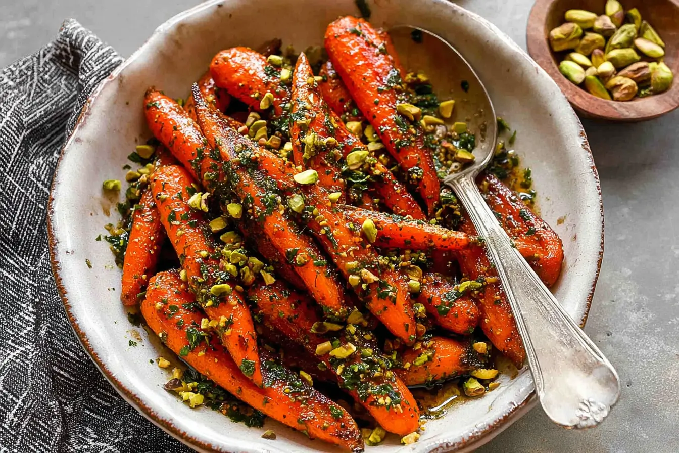 Golden Coriander-Roasted Carrots on a baking sheet topped with fresh herbs.