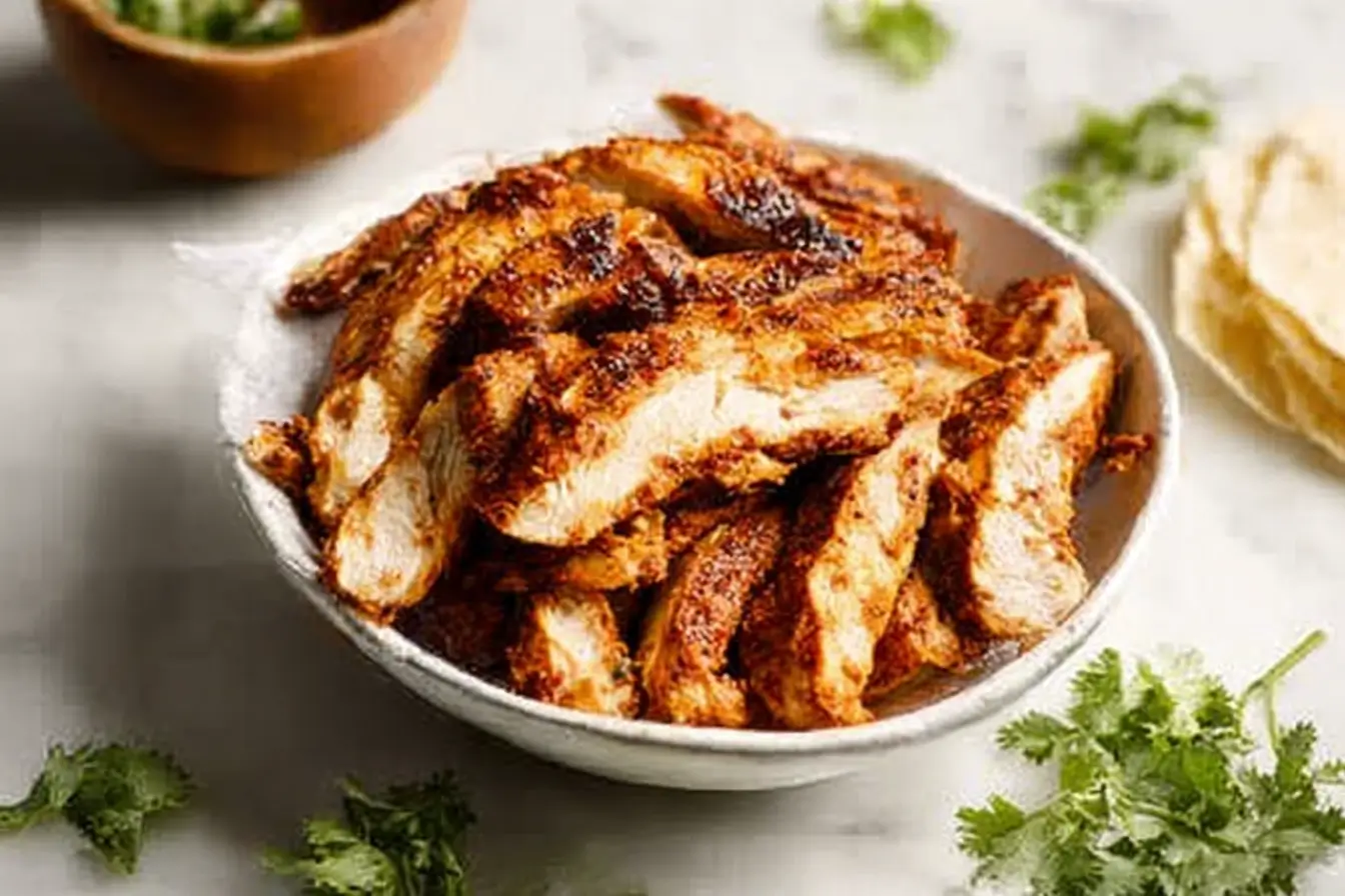 Juicy chipotle chicken served with lime and fresh herbs on a plate