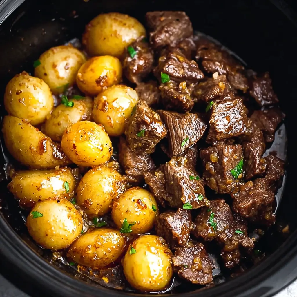 Slow cooker garlic butter beef bites with tender potatoes in rich buttery sauce