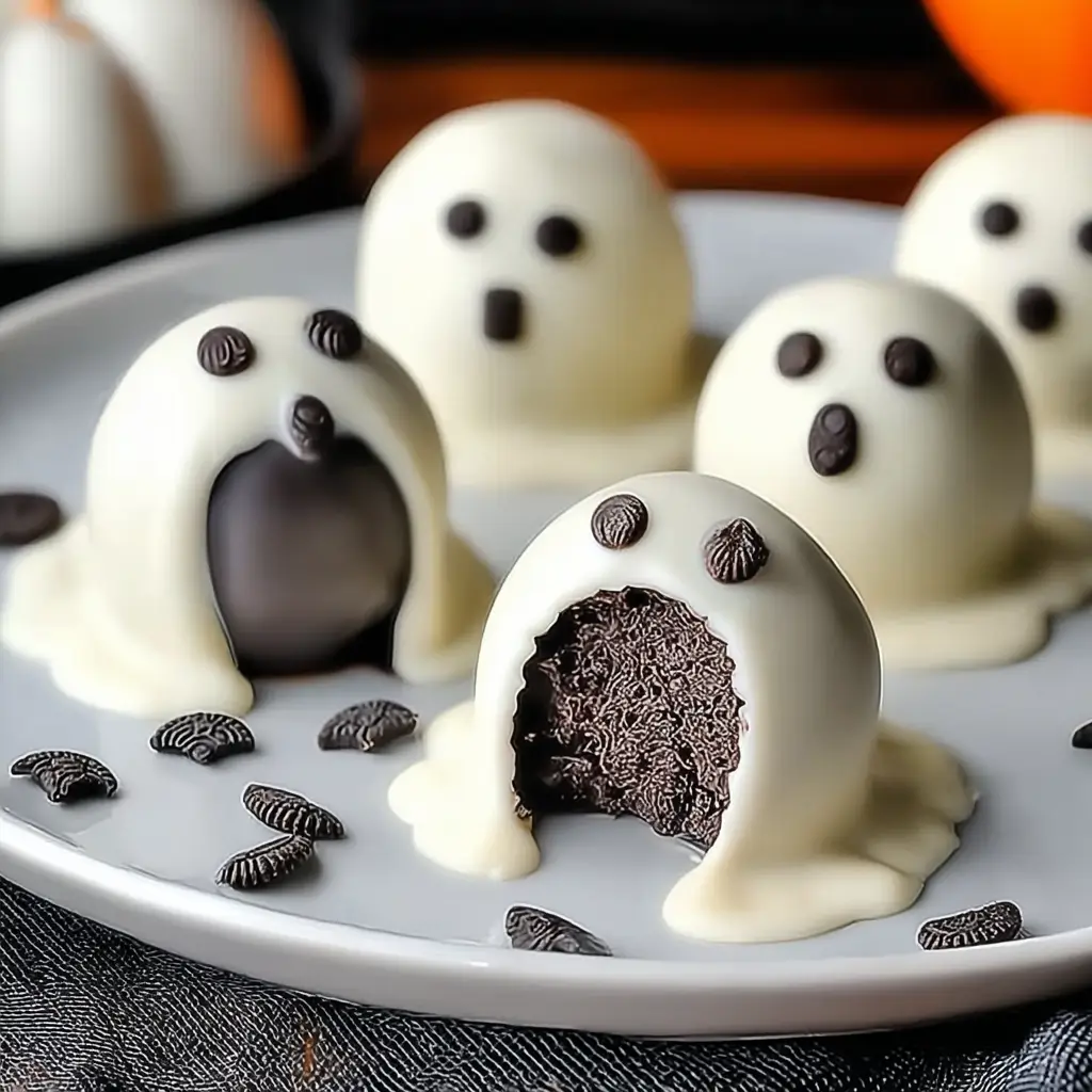 Ghost-shaped OREO ball truffles covered in white chocolate with candy eyes