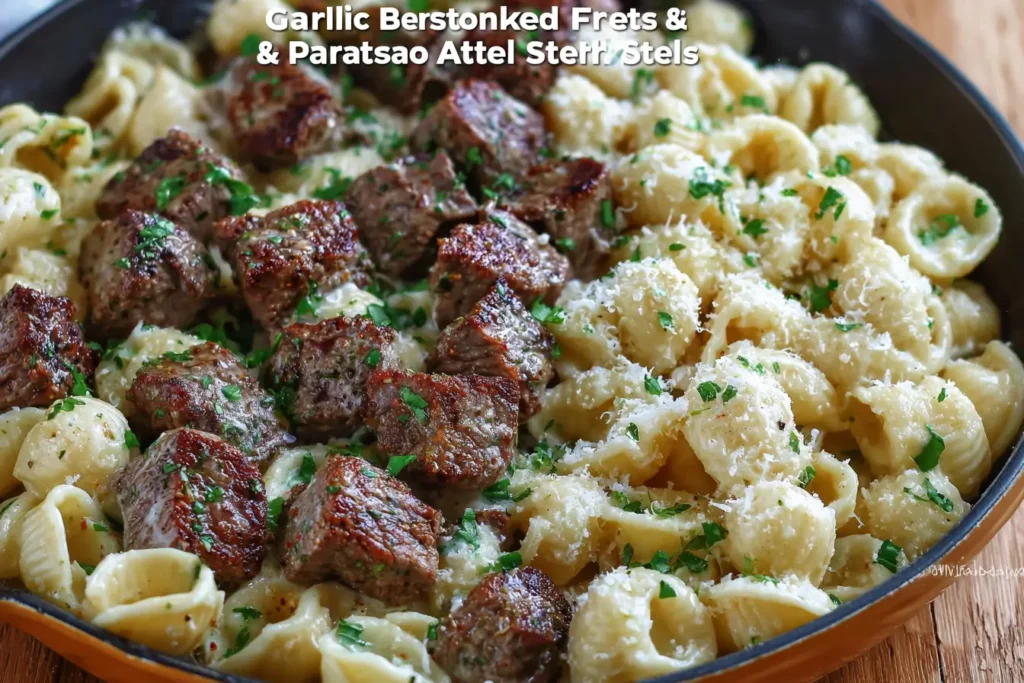 Plate of Garlic Butter Steak Bites served alongside creamy Parmesan Alfredo pasta shells.