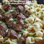 Plate of Garlic Butter Steak Bites served alongside creamy Parmesan Alfredo pasta shells.