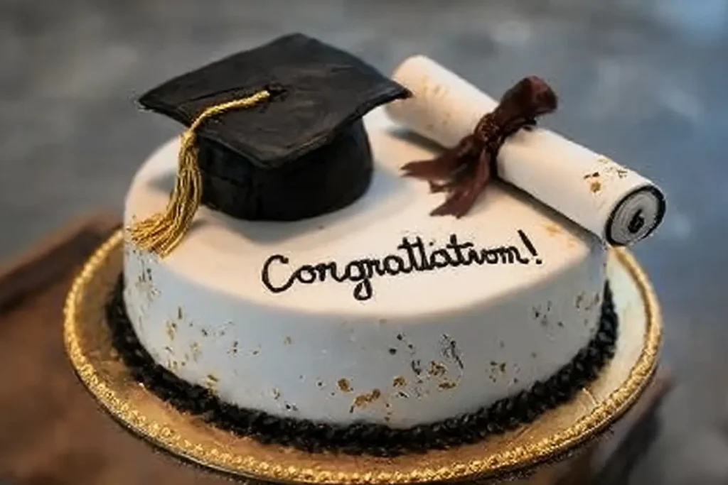 Round graduation cake with white frosting, decorated with a black fondant graduation cap, a rolled diploma tied with a ribbon, and the word "Congratulations