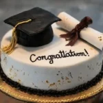 Round graduation cake with white frosting, decorated with a black fondant graduation cap, a rolled diploma tied with a ribbon, and the word "Congratulations