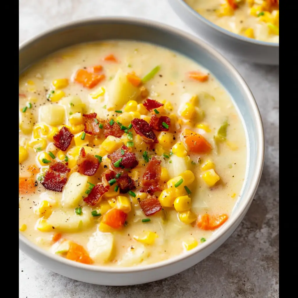 Bowl of creamy corn chowder with potatoes, herbs, and sweet corn kernels