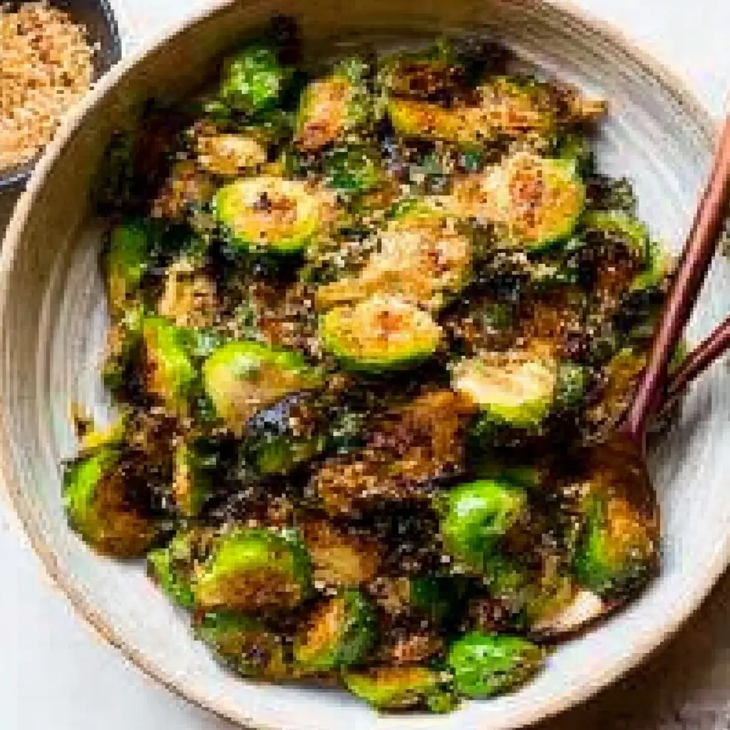 Crispy Miso-Sesame Glazed Brussels Sprouts served in a bowl topped with sesame seeds.