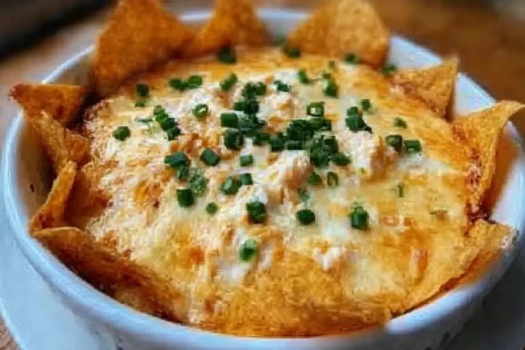 Cheesy Crab Rangoon Dip served hot with crispy wonton chips