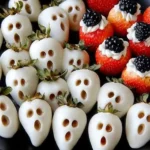 Halloween movie night snacks including popcorn, candy, and spooky-themed desserts