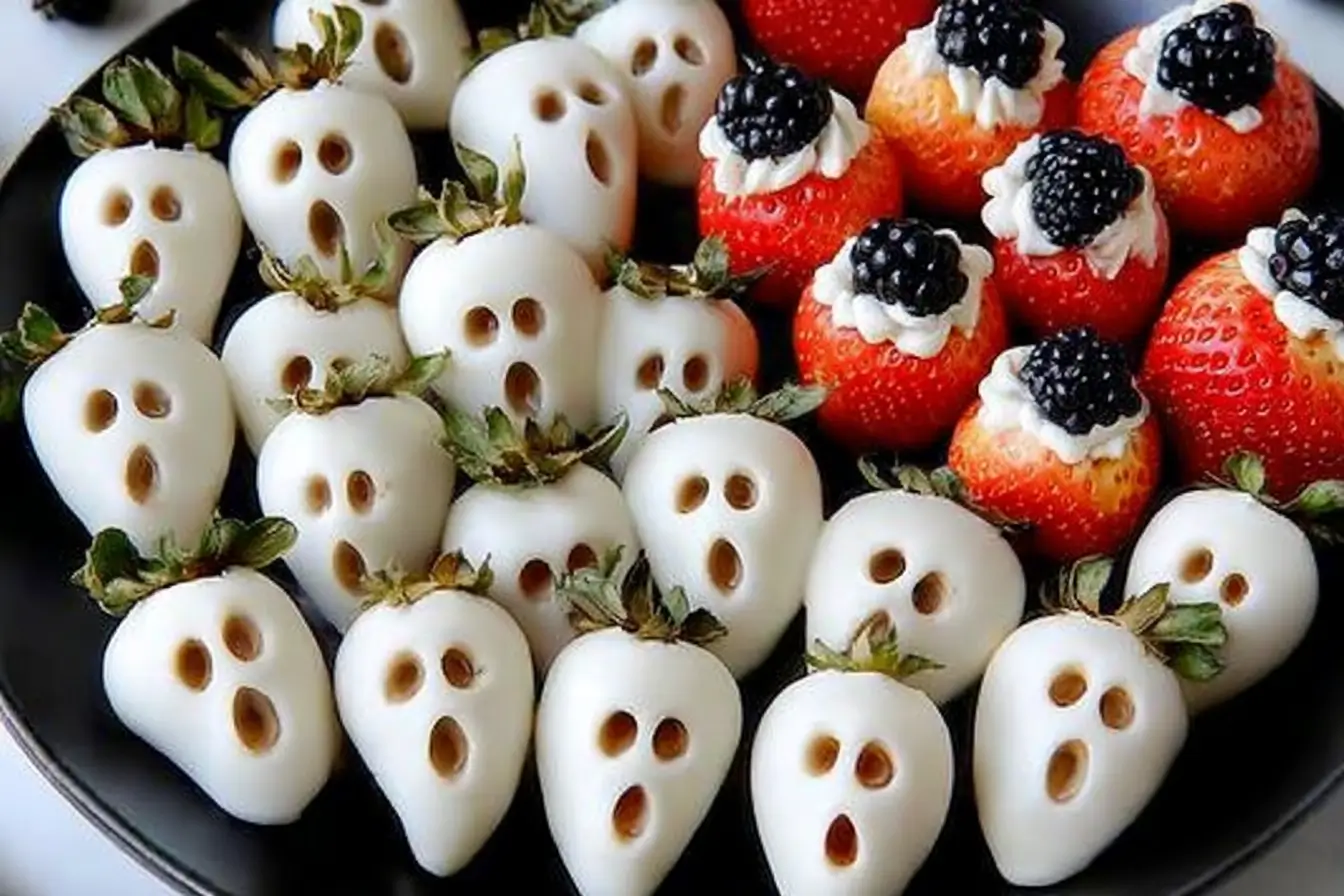 Halloween movie night snacks including popcorn, candy, and spooky-themed desserts