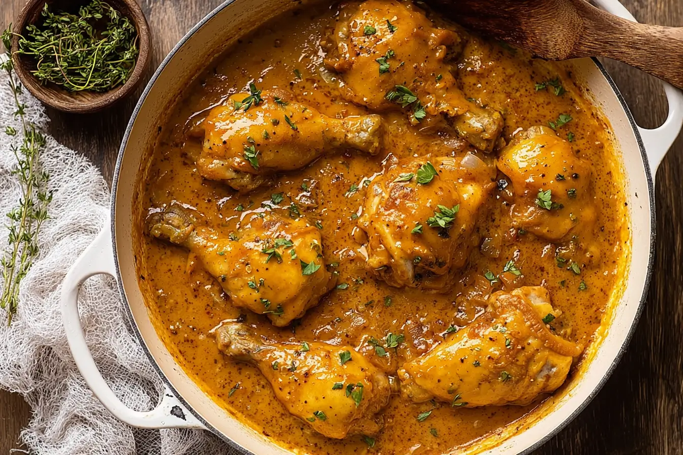 Smothered chicken in creamy gravy served with mashed potatoes and herbs