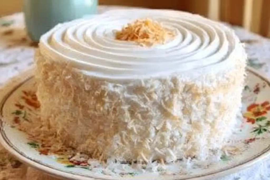 Moist Coconut Cake topped with creamy coconut frosting and shredded coconut