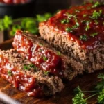 Classic meatloaf sliced and served with mashed potatoes and ketchup glaze