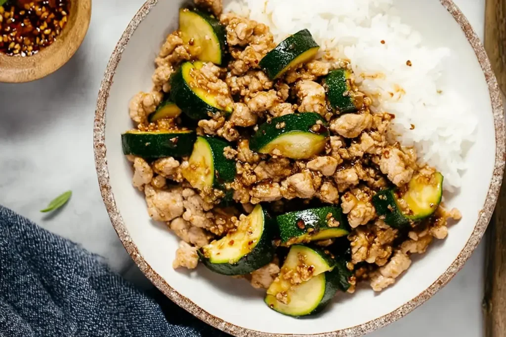 Delicious ground chicken dish with vegetables and herbs served in a bowl