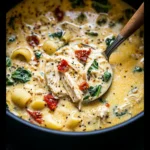 Bowl of Marry Me Chicken Soup with creamy broth, chicken pieces, and sun-dried tomatoes.