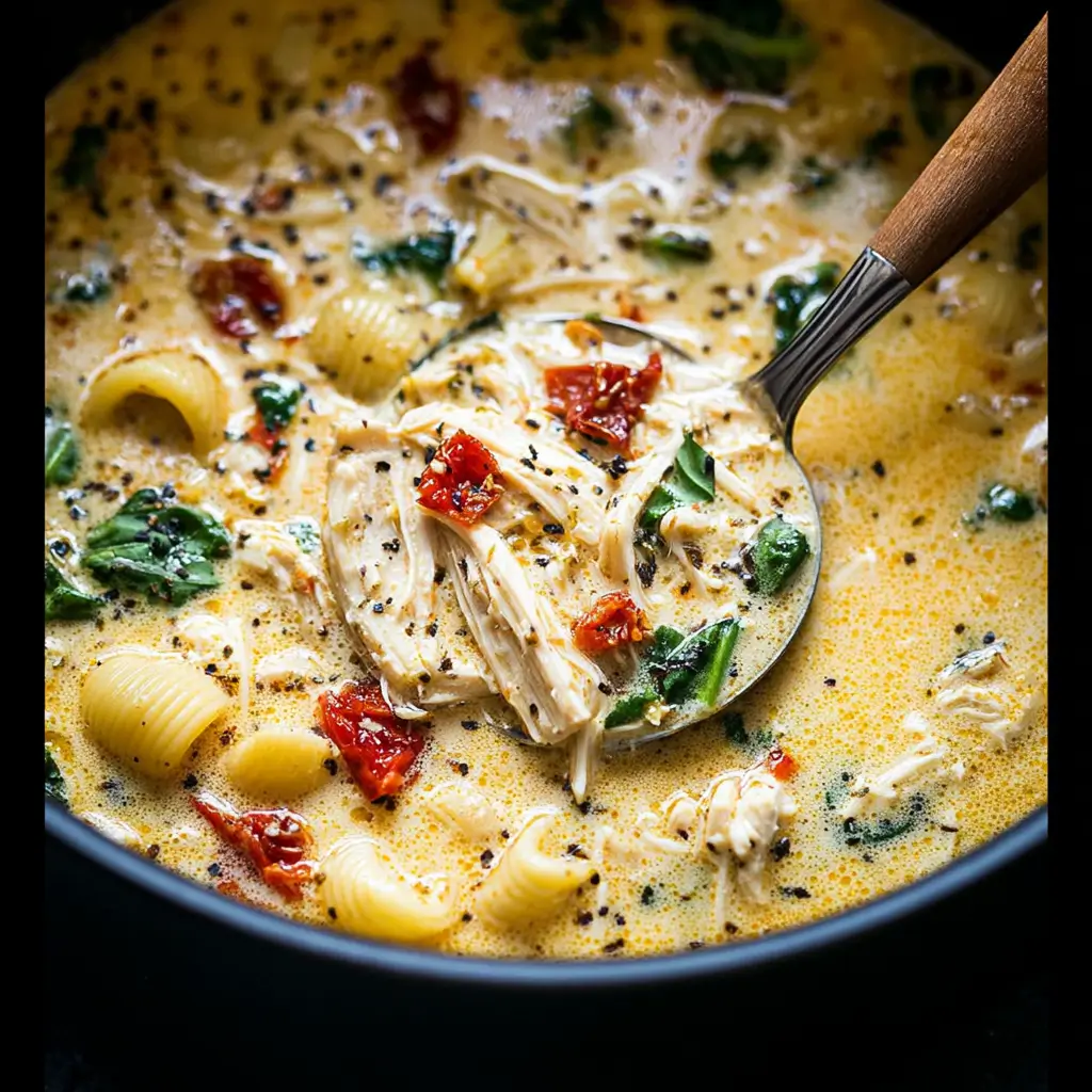 Bowl of Marry Me Chicken Soup with creamy broth, chicken pieces, and sun-dried tomatoes.