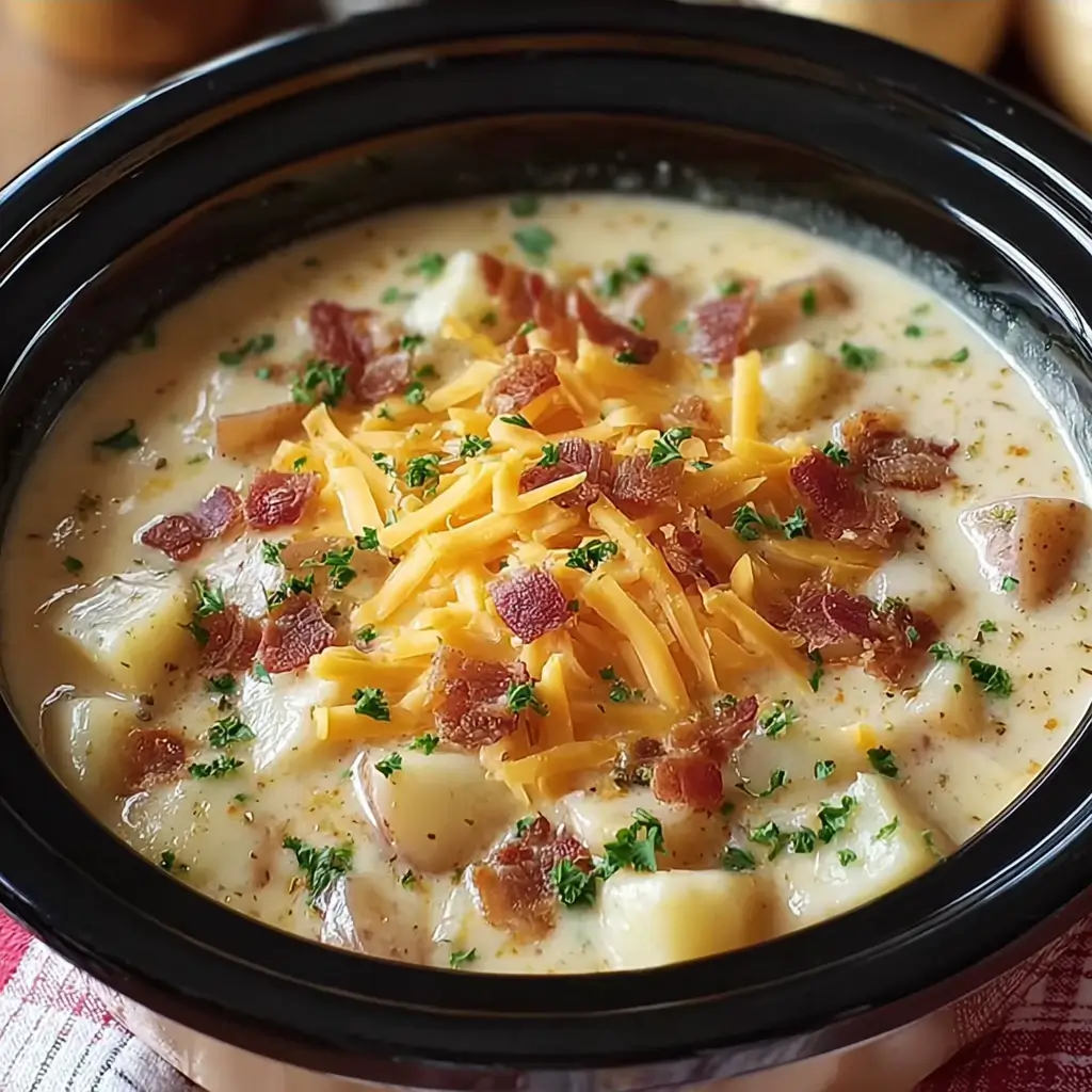 Slow cooker garlic parmesan chicken with potatoes in creamy garlic sauce