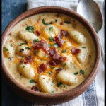 Creamy Beef Bacon Cheddar Gnocchi Soup topped with crispy bacon and melted cheese in a bowl.