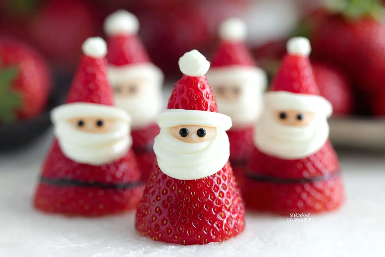 Cute Strawberry Santas made with strawberries and whipped cream on a holiday platter.