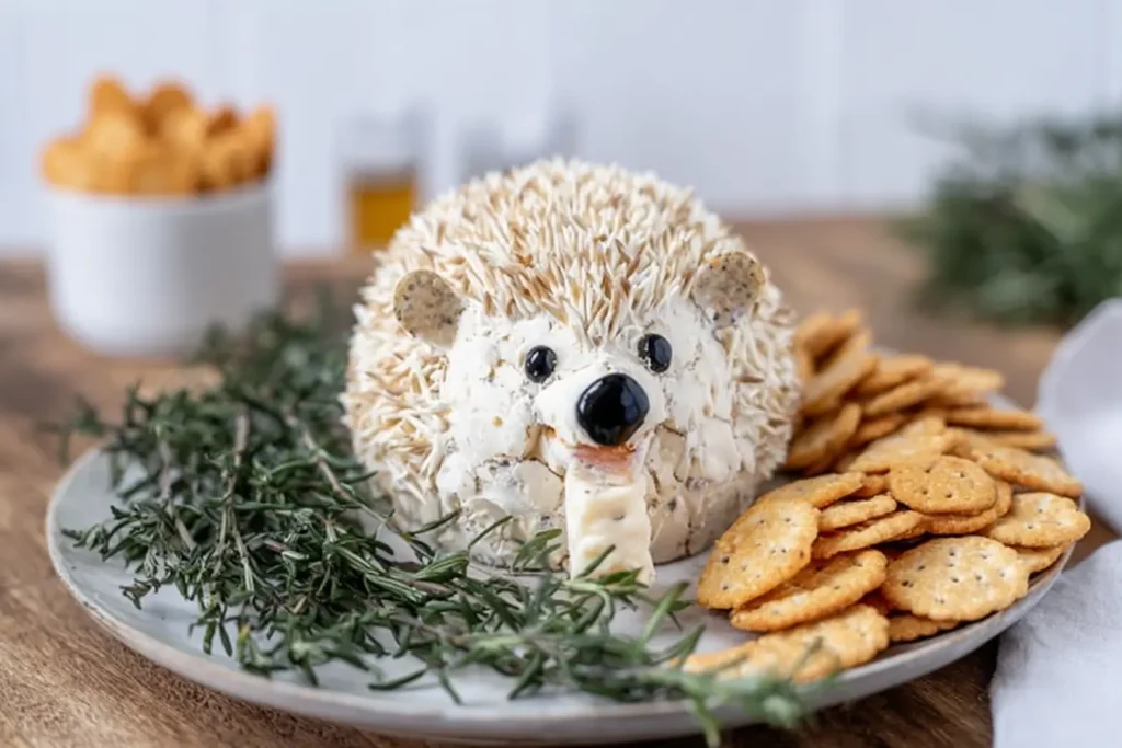 Hedgehog-shaped cheeseball covered with sliced almonds and decorated with olive eyes.