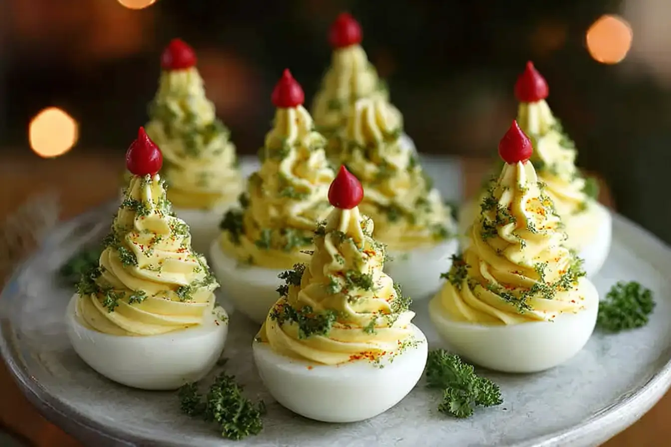 Deviled eggs decorated like Christmas trees with green filling and colorful toppings.