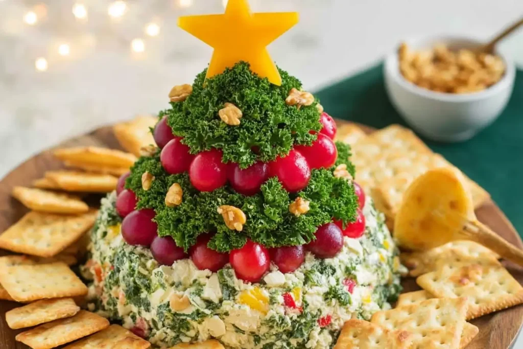 Christmas Tree Cheese Ball covered with herbs, cranberries, and nuts on a holiday platter.