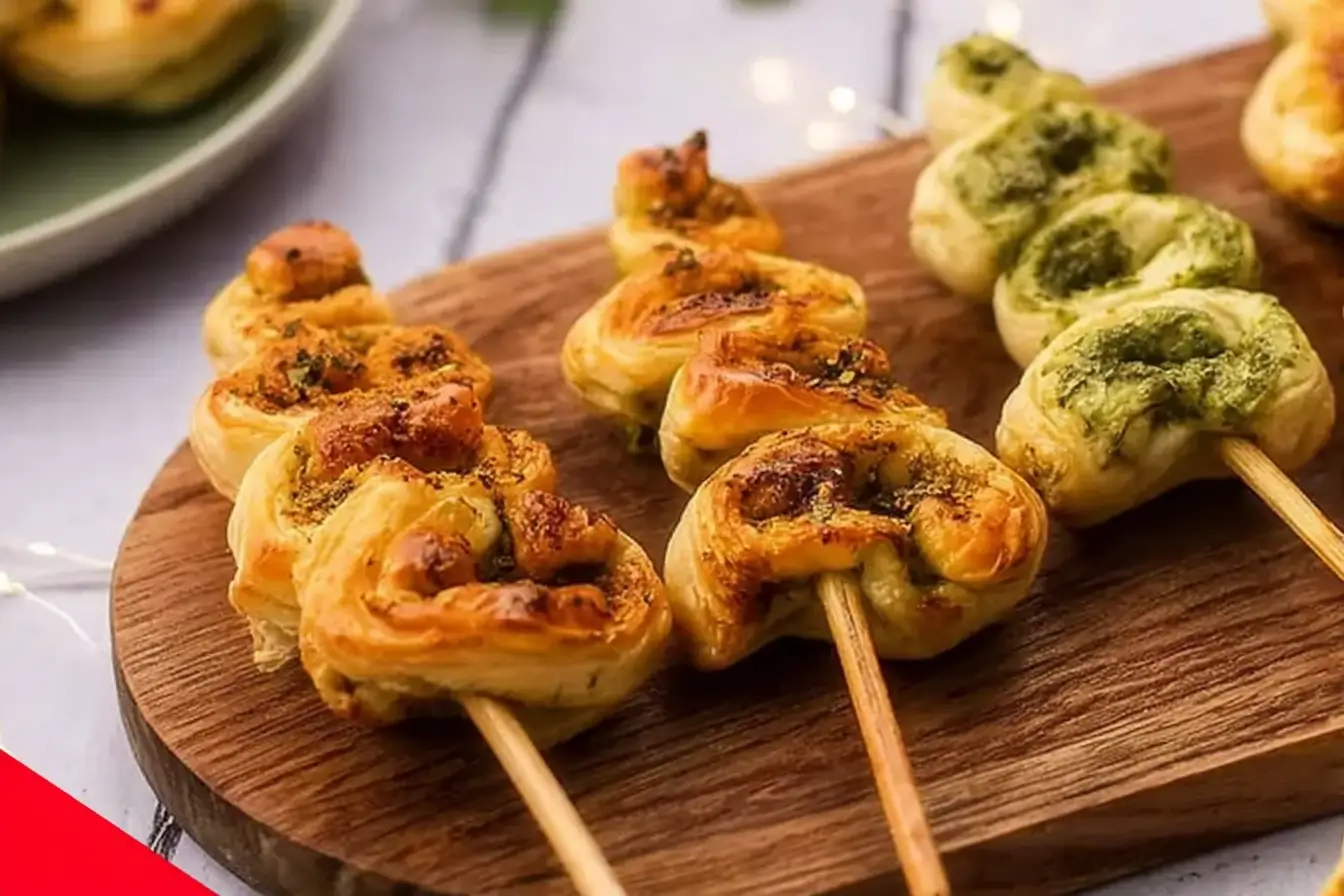 Golden Pesto Puff Pastry Christmas Trees topped with parmesan and fresh herbs.