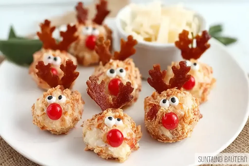 Reindeer-shaped cheeseballs decorated with pretzel antlers, olive eyes, and red candy noses.