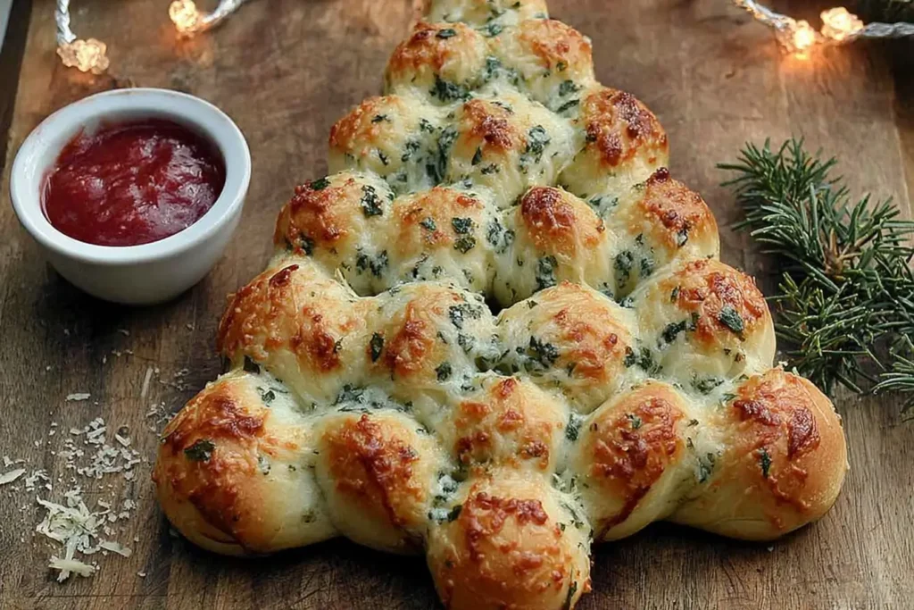 Cheesy Christmas Tree Bread shaped like a tree, topped with melted cheese and fresh herbs.