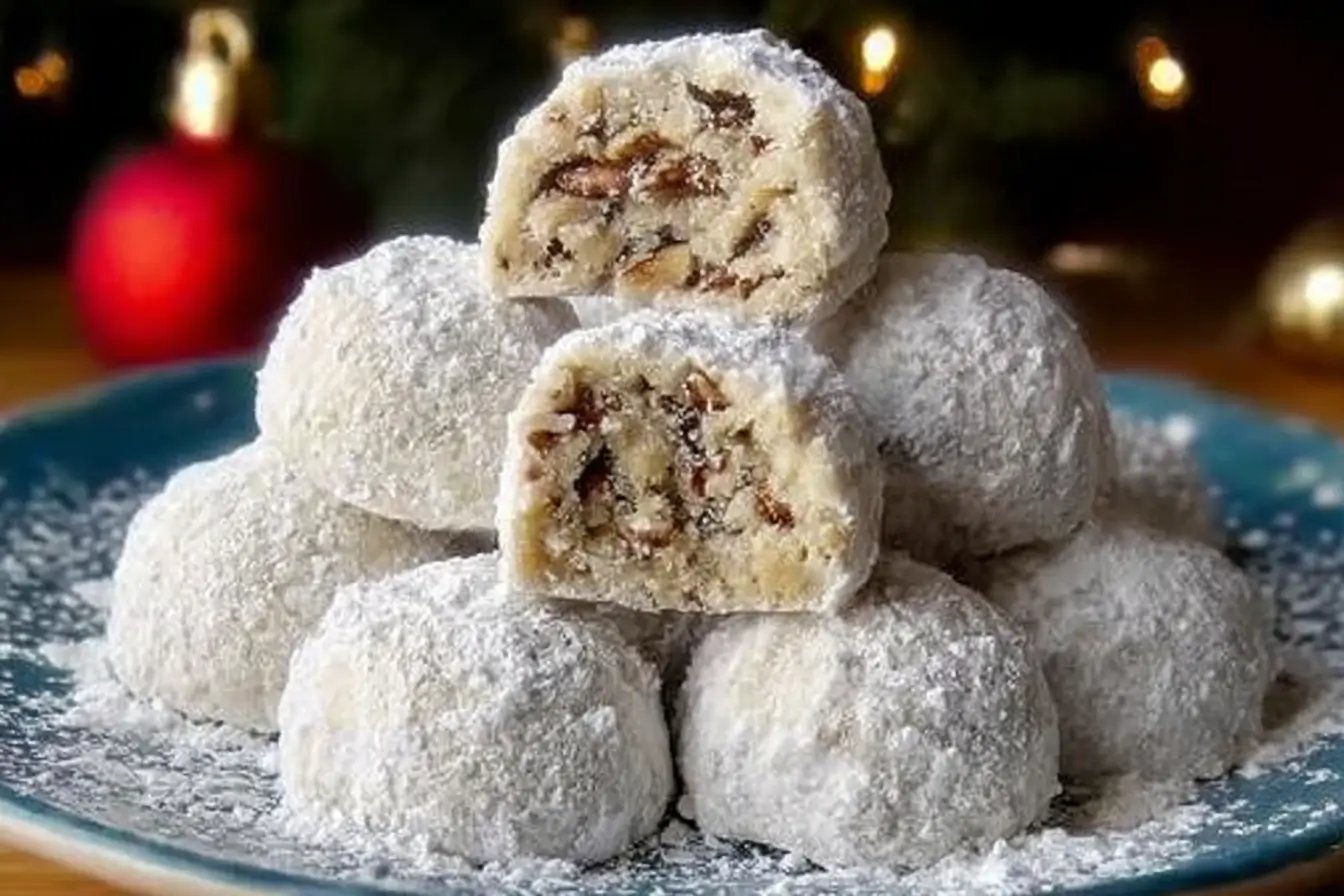 Buttery pecan snowball cookies coated in powdered sugar on a festive plate
