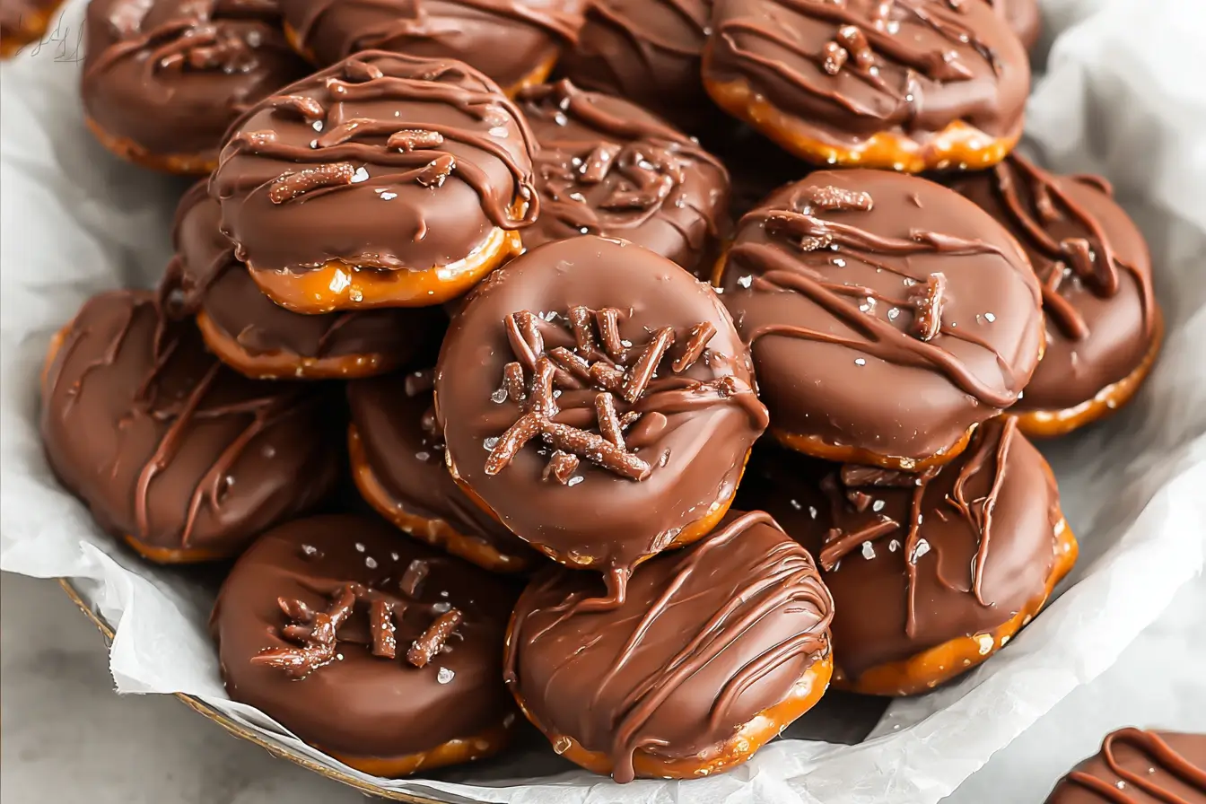 Rolo pretzel turtles topped with pecans on a baking sheet.