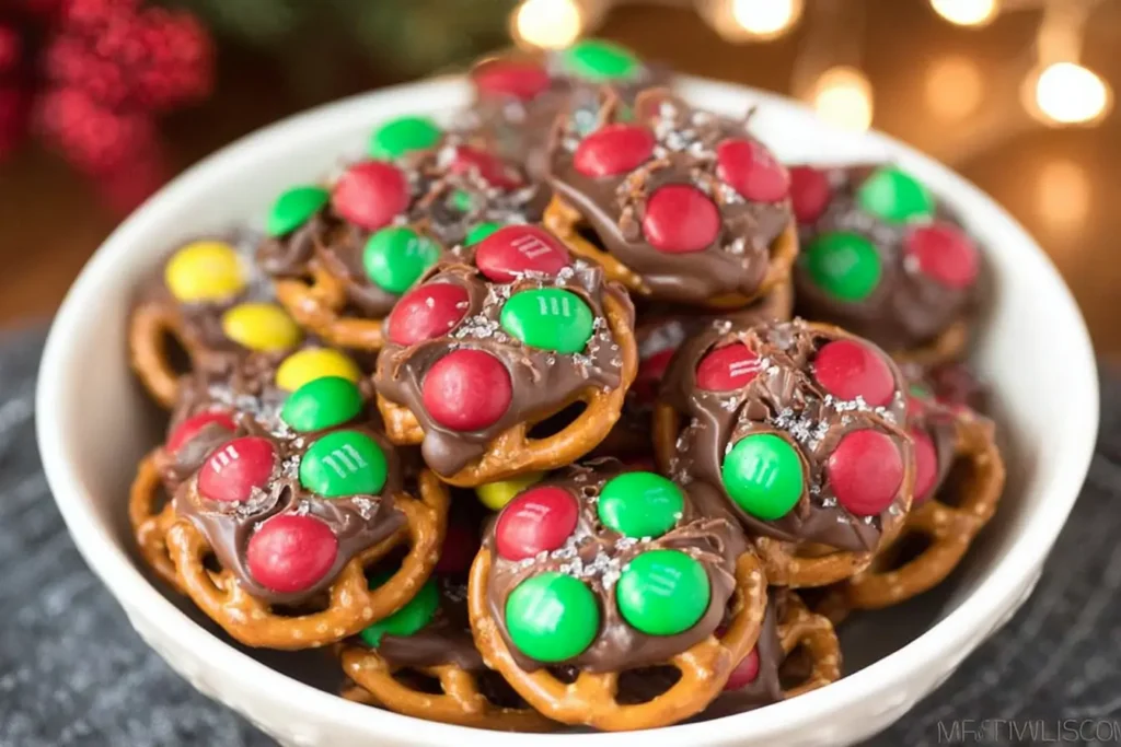 Rolo pretzels topped with melted chocolate caramel candies and colorful M&M chocolates on a baking sheet.