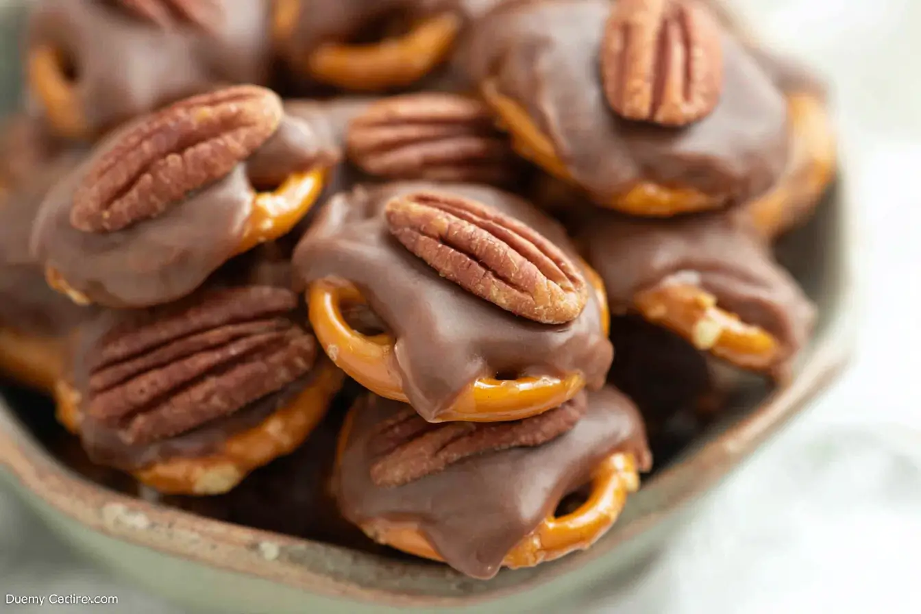 Pecan Rolo Pretzels topped with toasted pecans on a baking sheet